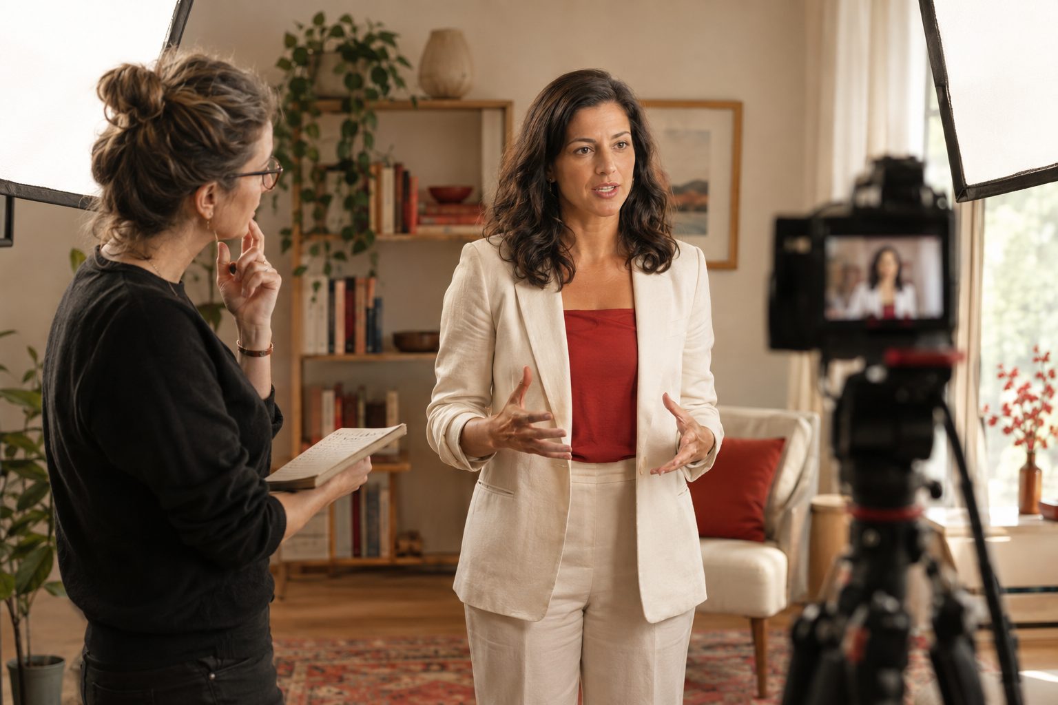 A leader rehearsing on camera